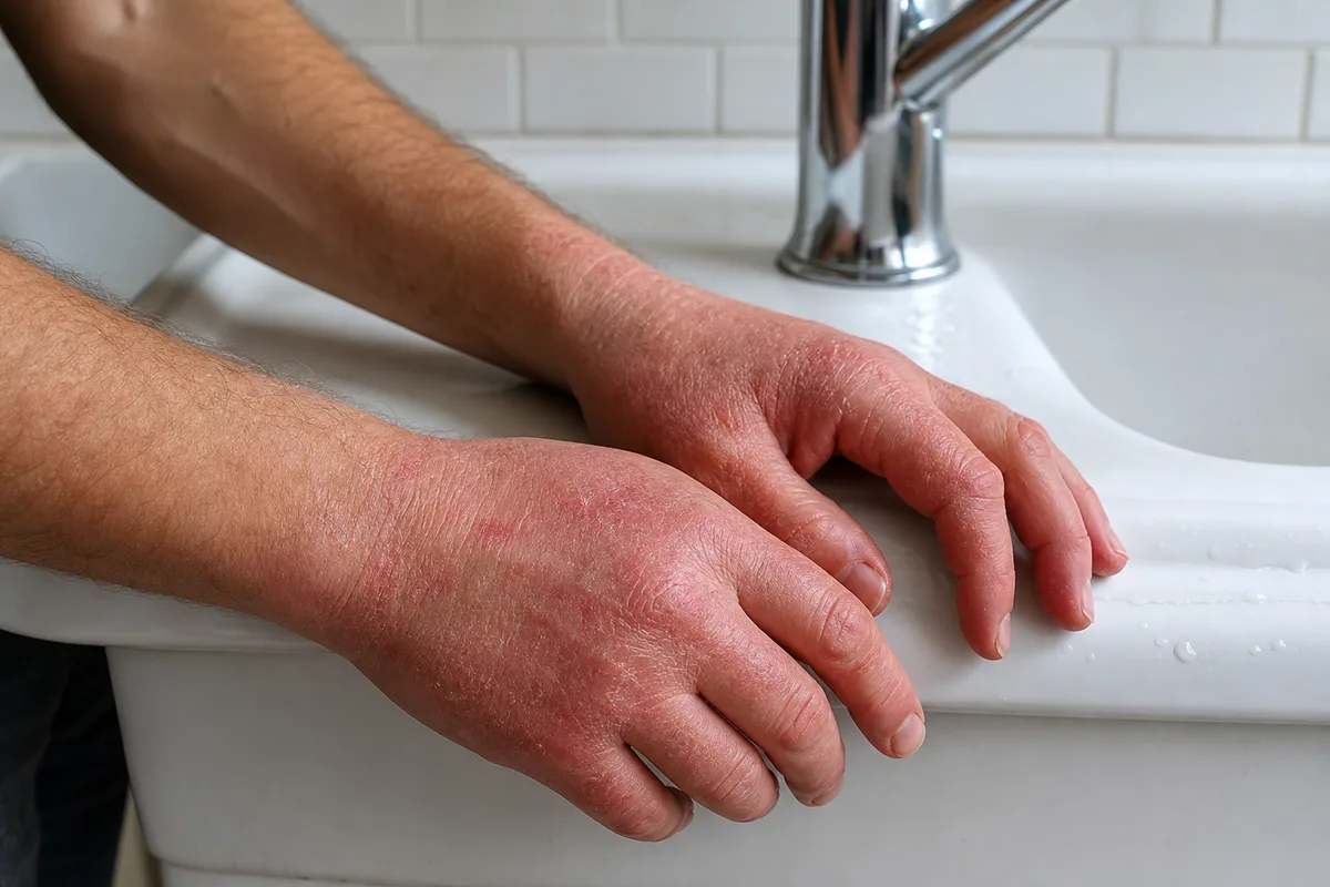 Mains adultes rougies et rugueuses posées sur le rebord d’un évier de cuisine français