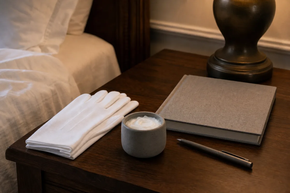 Baume épais et gants de coton blancs posés sur une table de chevet en bois