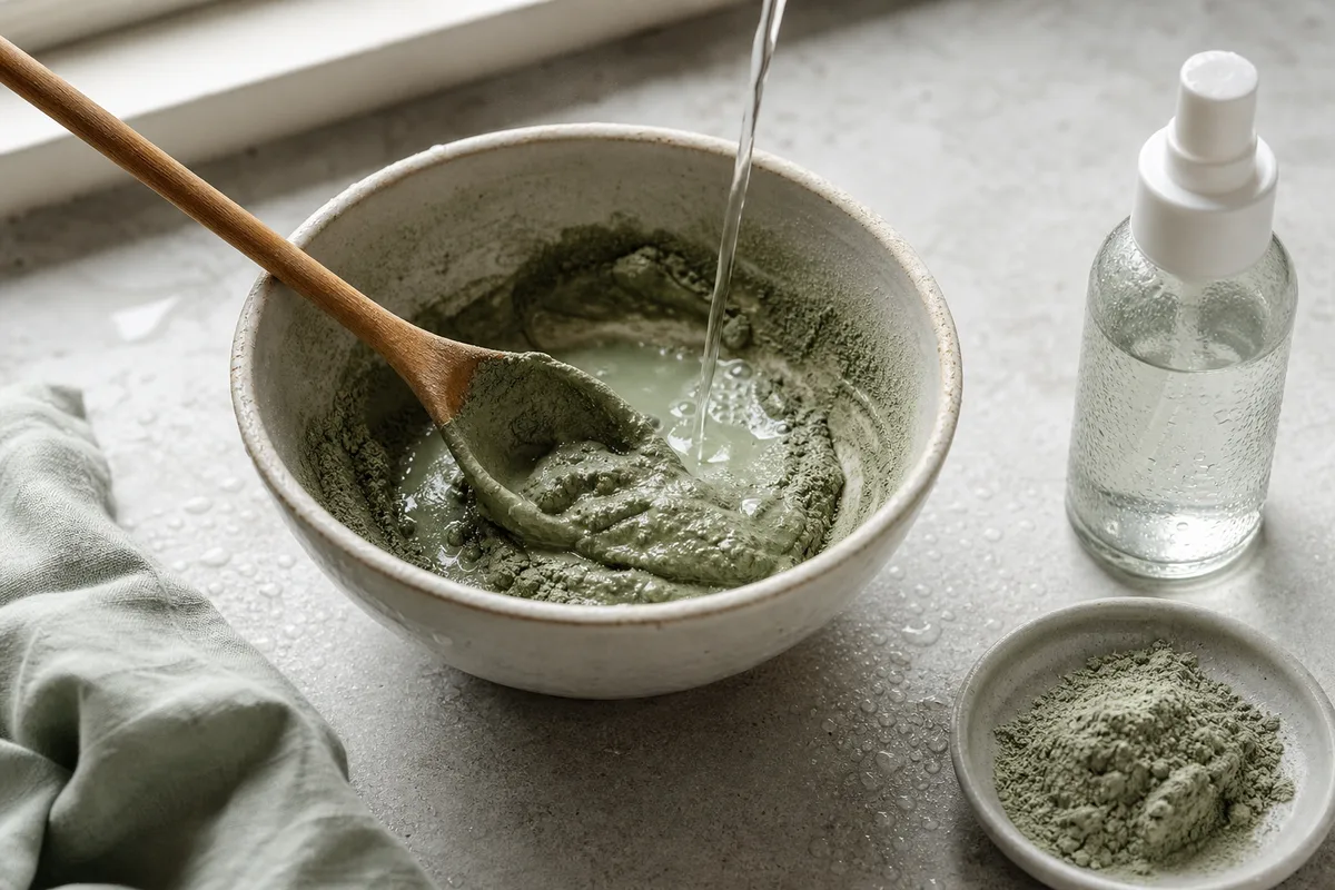 Bol de masque visage maison à l’argile verte en préparation avec une cuillère en bois, ingrédients naturels autour