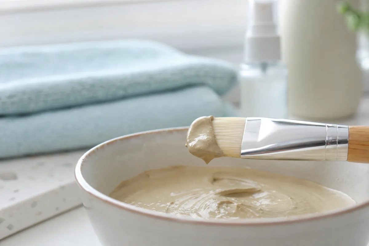 Pinceau cosmétique chargé de masque crémeux posé sur le bord d’un bol, sur un plan de travail clair