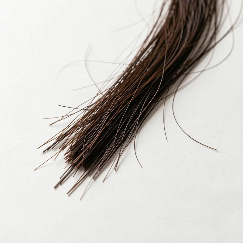 Mèche de cheveux bruns observée en gros plan sur un fond clair, écailles visibles en lumière rasante